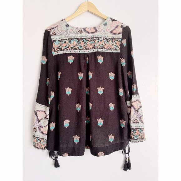 Free People Bandana Bandit Embroidered Peasant Top Size 6 Black Boho Festival - Picture 4 of 15